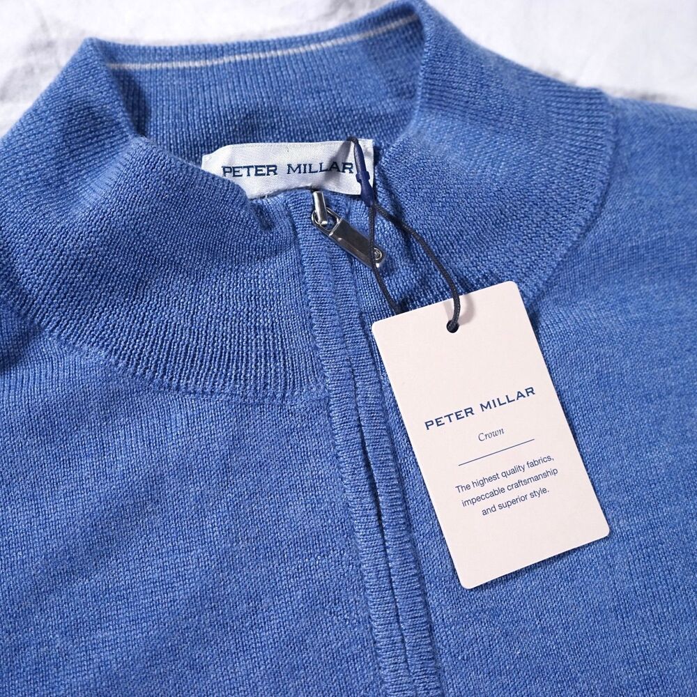 Peter Millar Crown Merino Wool Quarter Zip Sweater Blue Mens Large NWT Was $230 - Picture 3 of 12